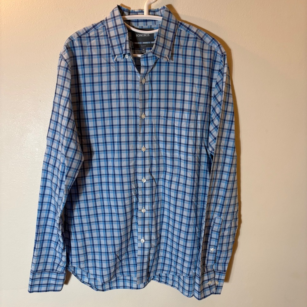 Bonobos Mens Slim Fit Plaid Button Down Shirt Blue White Cotton Size Medium